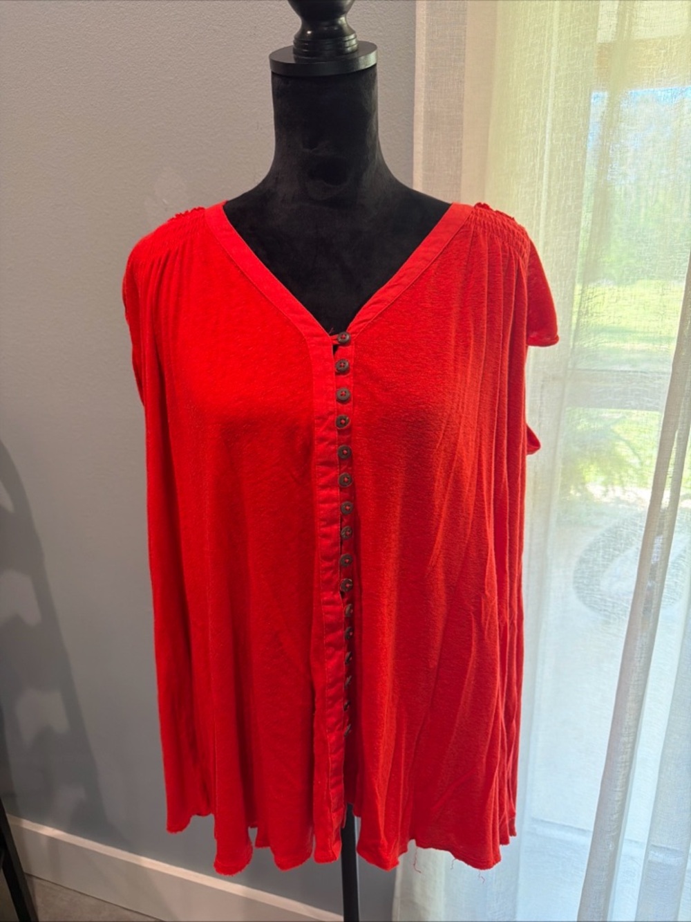 Free People Highland V-Neck Linen Viscose Blend Top Gathered Back Flowy Blouse